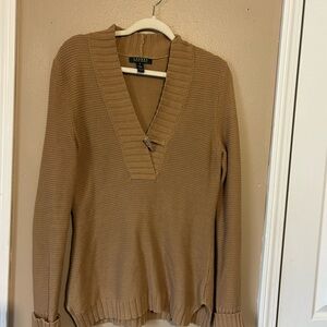 Lauren Ralph Lauren 100% Cotton Tan V Neck Side Button Sweater Medium Toggle
